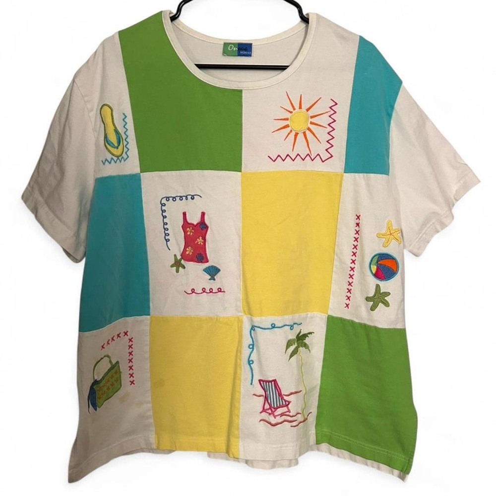 Onque Woman Vintage Multicolor Patchwork Short Sleeve Tee